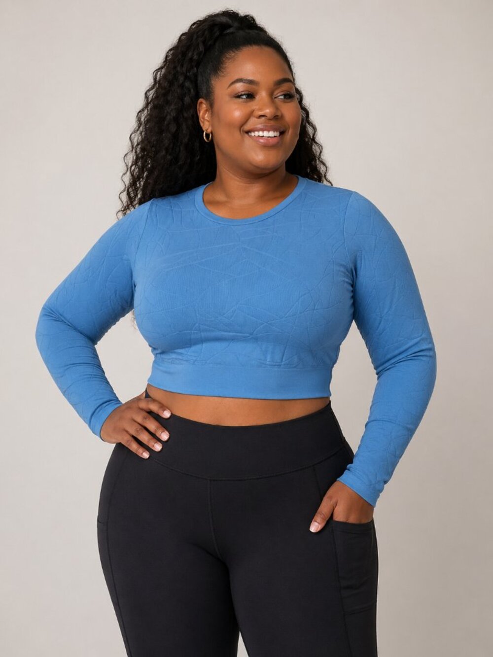 Sweaty Betty Blue Motion Jacquard Long Sleeve Crop Top Thumbholes Size L